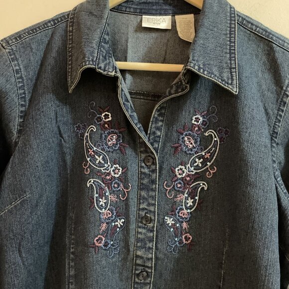 Erika Button Front Denim Shirt Women's PM Blue Embroidered Sequin Western Boho - Picture 2 of 8